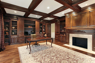 small coffered ceiling area over island