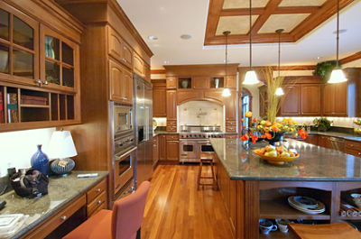 small coffered ceiling area over island